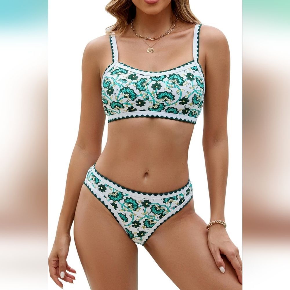 Women"s  Green / White Floral Boho Bikini Set sz L